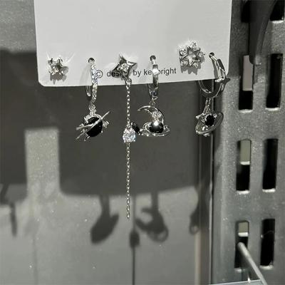6PCS SET Goth Punk Vintage Aesthetic Crystal Heart Moon Cross Star Pendant Earrings For Men Women Grunge Y2K Jewelry Accessories