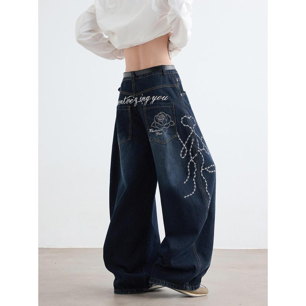 Unisex Retro Rose Embroidered Wide-Leg Jeans