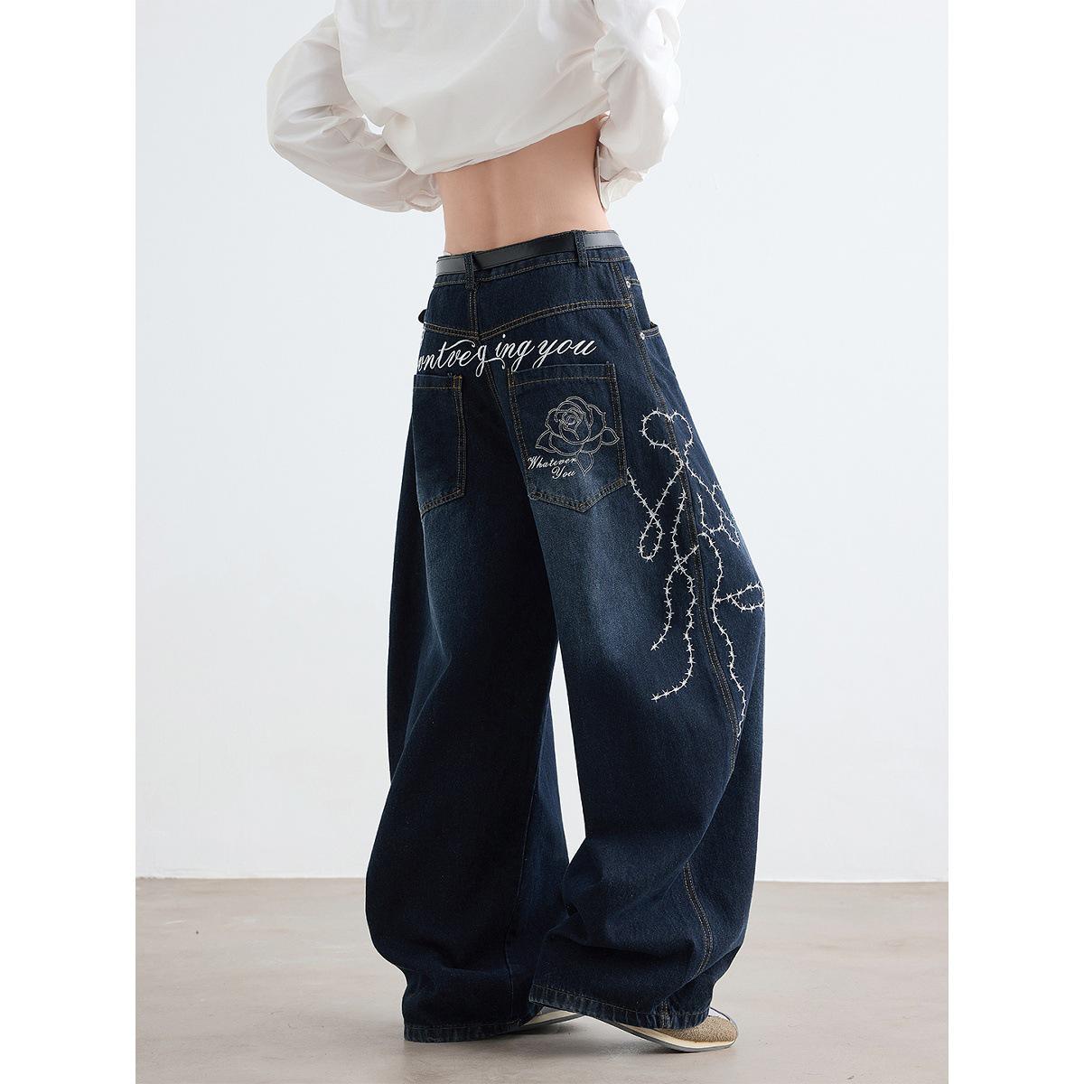 

Unisex Retro Rose Embroidered Wide-Leg Jeans XL темно-синий