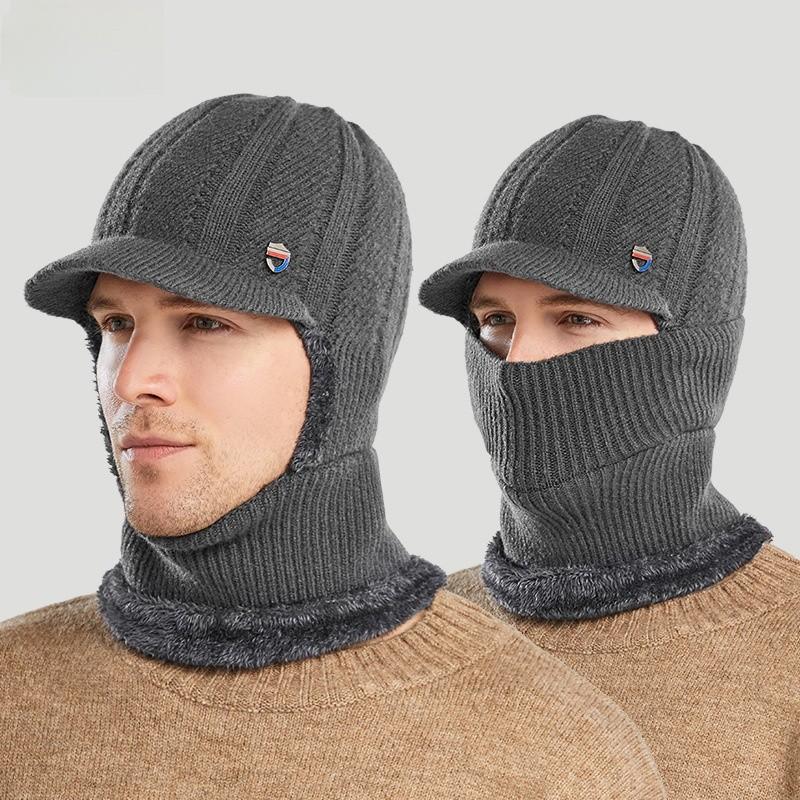 Knitted Hat Men Winter Warmth Earflap Cap With Neck Warmer For Casual Wear