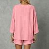 Women's Loose Fit V Neck Long Sleeve Top and Drawstring Waist Shorts Two Piece Set Lightweight Striped Lounge Wear Casual Outfit