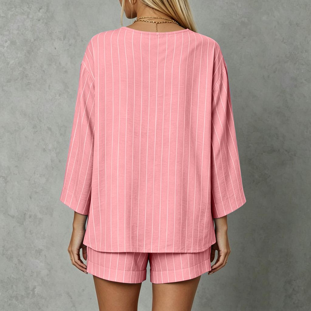 Women's Loose Fit V Neck Long Sleeve Top and Drawstring Waist Shorts Two Piece Set Lightweight Striped Lounge Wear Casual Outfit