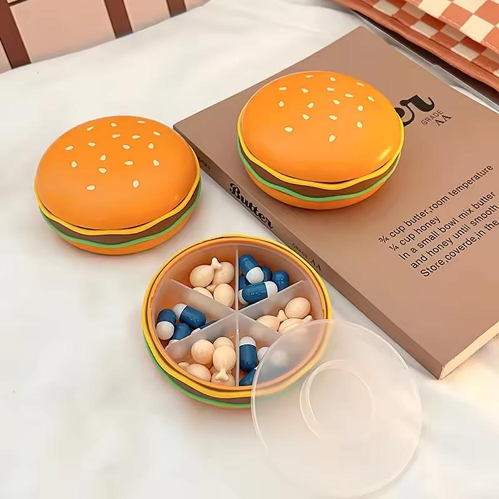 Caixa de Pílulas Portátil de Hambúrguer de Desenho Animado Fofo - Compartimentos Independentes de Grau Alimentício Vedados Organizador de Medicação para Viagem/Diário