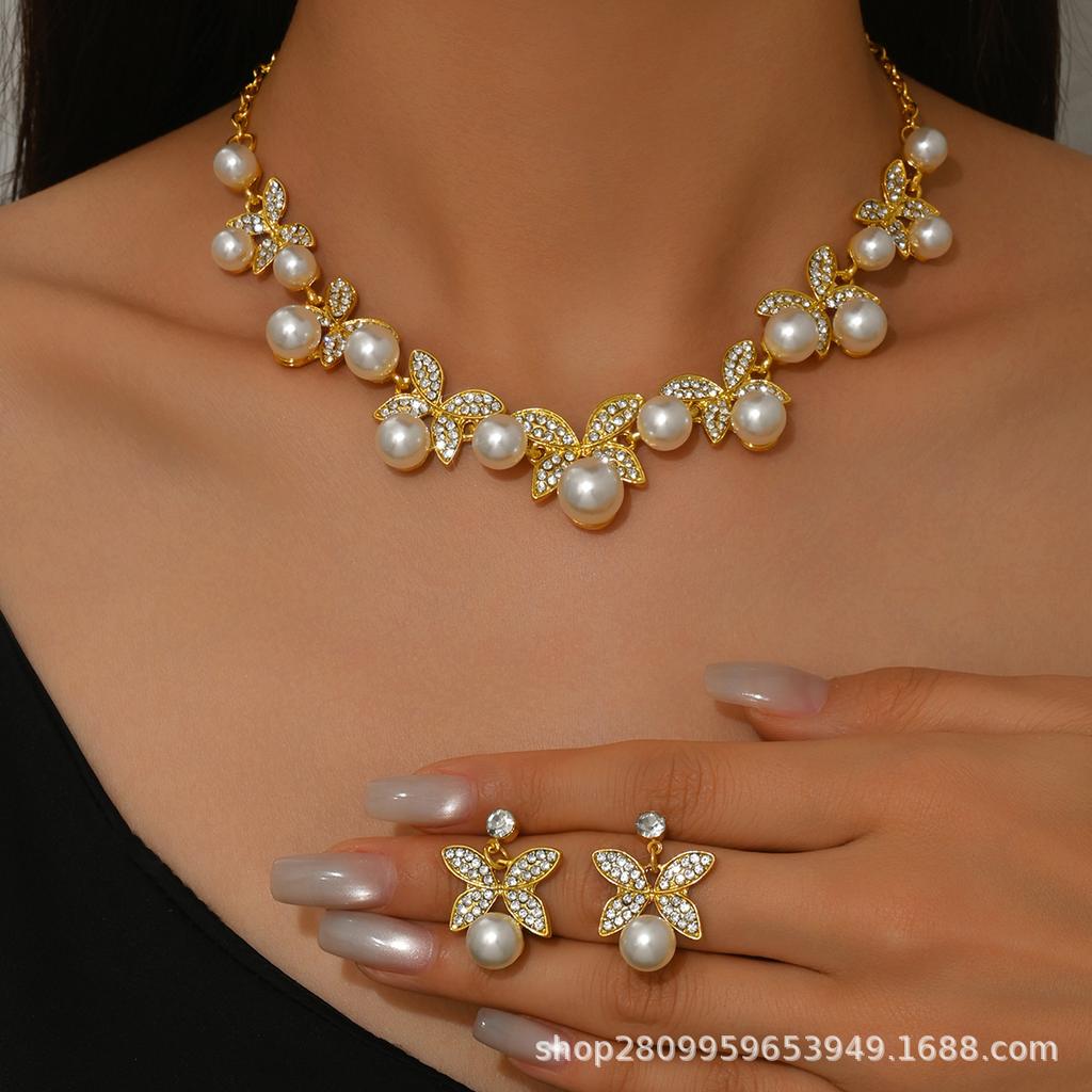 Dress Jewelry Direct Sales Necklace Earrings Two-piece Set Flower Bride Retro High-end Design Set