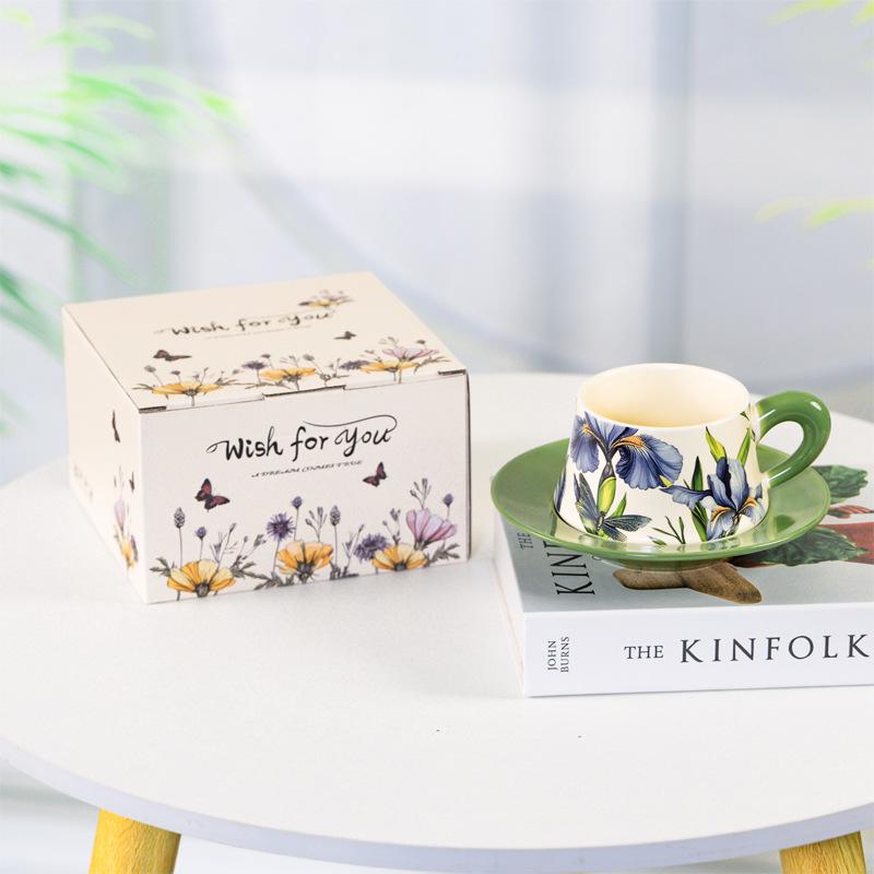 Niche Hand-Painted Floral Ceramic Coffee Cup and Saucer - Luxurious Nordic Design
