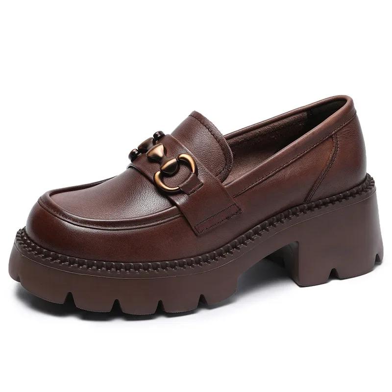 Platform Shoes Spring Summer Genuine Leather Loafers Women'S Metal Buckle Single Shoes Elevated Thick Sole Small Leather Shoes