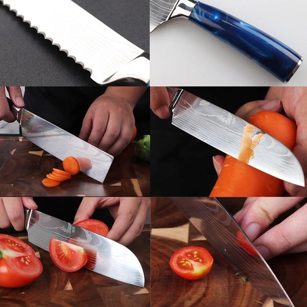 Cuțite din oțel inoxidabil Set 10 bucăți Imitație model Damasc Cuțite de bucătărie Santoku Cuțite de tăiat cuțite cu capac pentru cuțite