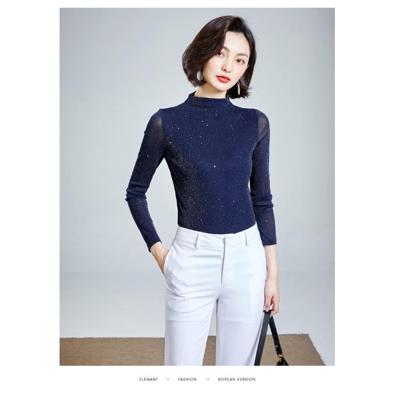 Damenmode Lässig Frühling Herbst Einfarbige Druck Langarm Halbturtleneck Blusen Hemden