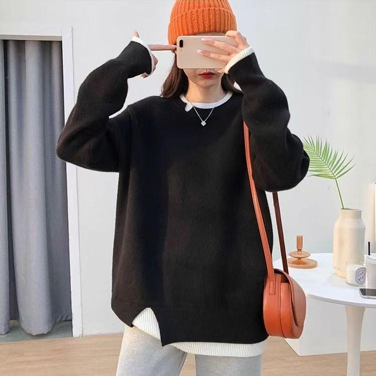 Women Casual Warm O-Neck Soft Knitted Sweater Autumn Winter Long Sleeved Loose Pullovers Fake Two Pieces
