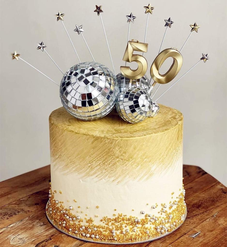 4pcs Disco Ball Cake Toppers, 3 Sizes Mini Silver Disco Balls for Bachelorette Party, 70s Space Cowboy Birthday Decor