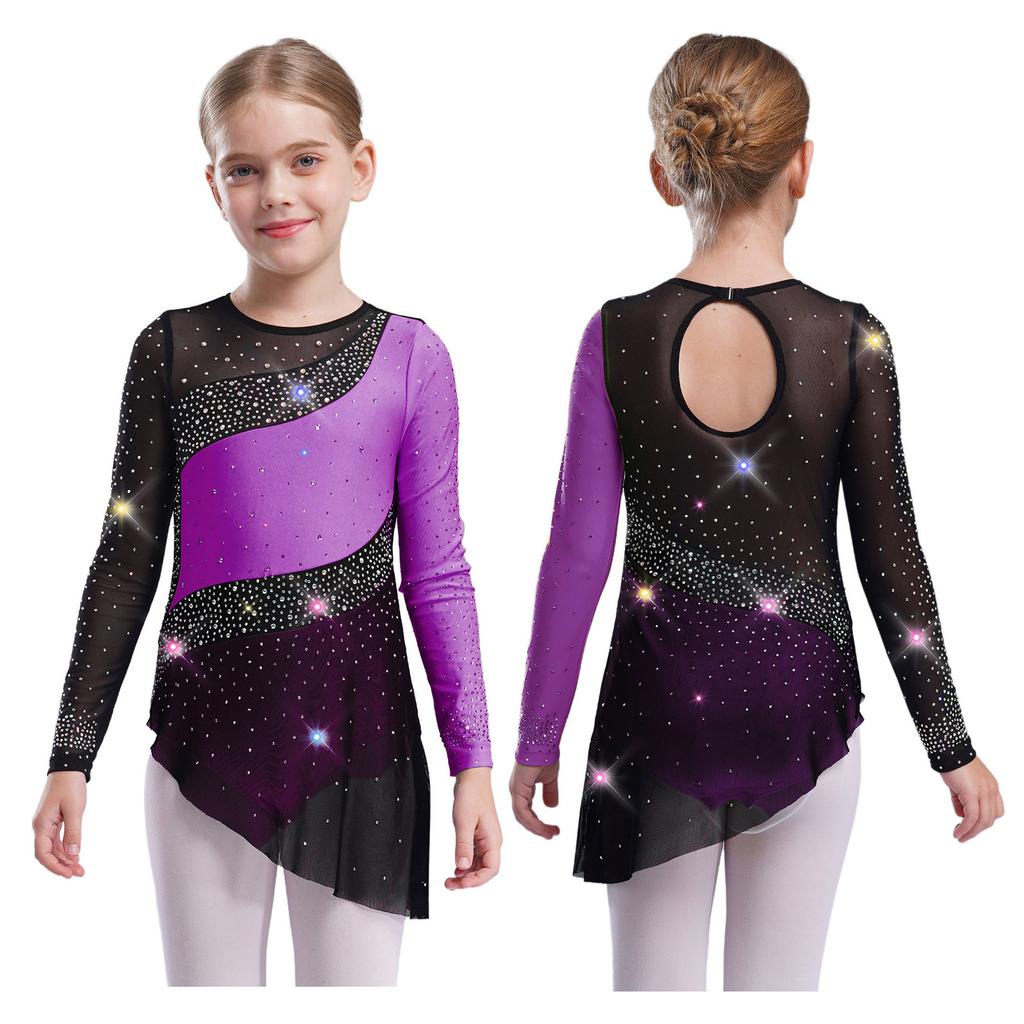 Kids Girls Gymnastics Competition Costume: Sheer Mesh Patchwork Long Sleeve Leotard with Color Block & Sparkling Rhinestones