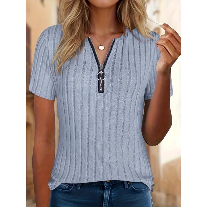 Ladies' Casual and Elegant Zipper Short Sleeved T-shirt Suitable for Casual Wear In Spring, Summer, and Autumn