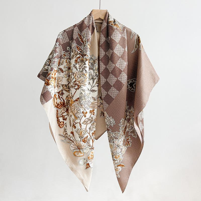 European and American style new flower grid printing silk scarf spring and autumn literary and artistic style atmosphere temperament twill square