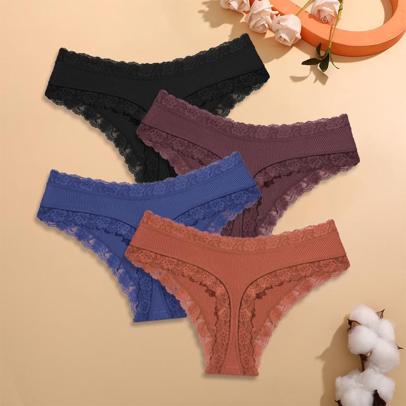FINETOO S-XXL 4 Peças Algodão Renda Floral Roupa Íntima para Mulheres Calcinhas Sexy Listradas Cor Sólida Meninas Cintura Baixa Respirável Fio Dental Lingerie