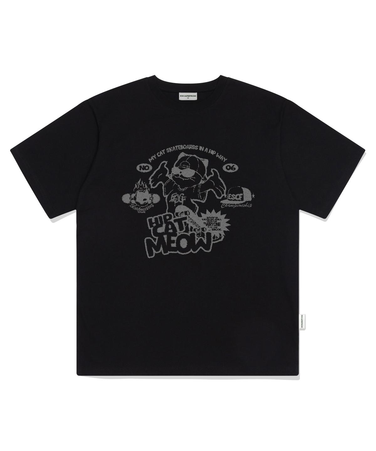 Escape From Hip Cat Meow Print Oversized Short Sleeve T-Shirt Black L