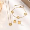 18K Gold Titanstahl Personalisiert Graviert Vierblättrige Drehende Blume Schmuckset für Damen (Armband, Halskette, Ohrringe)