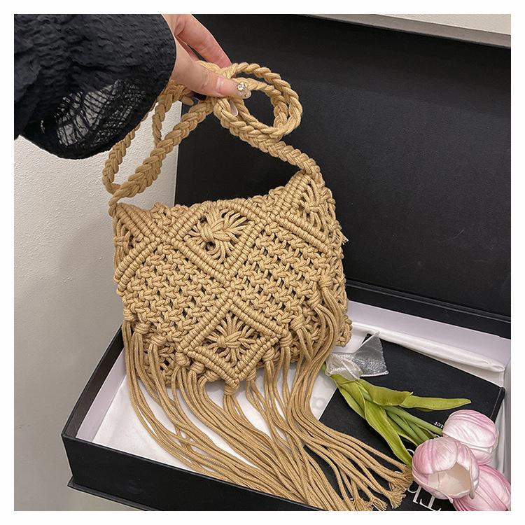 

Women s messenger bag handmade bag cotton thread rope knitted fringed bag beach bag woven bag straw shoulder bag хакі