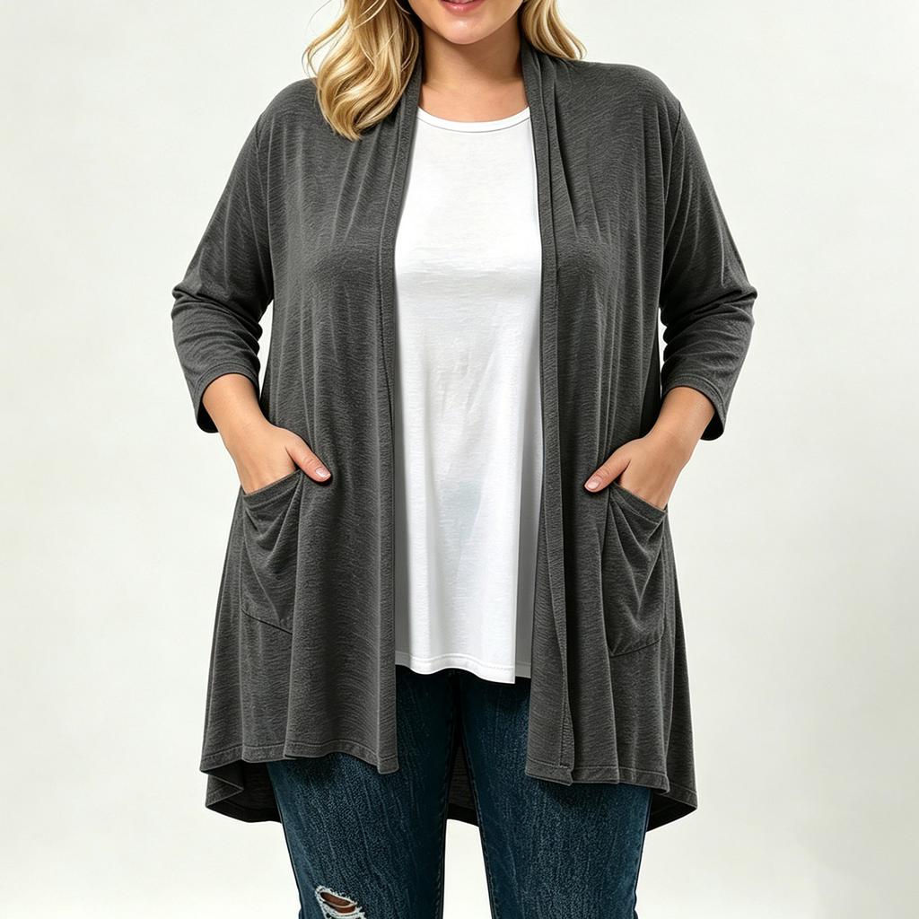 Women's Plus Size Soft Three-Quarter Sleeve Cardigan with Pockets