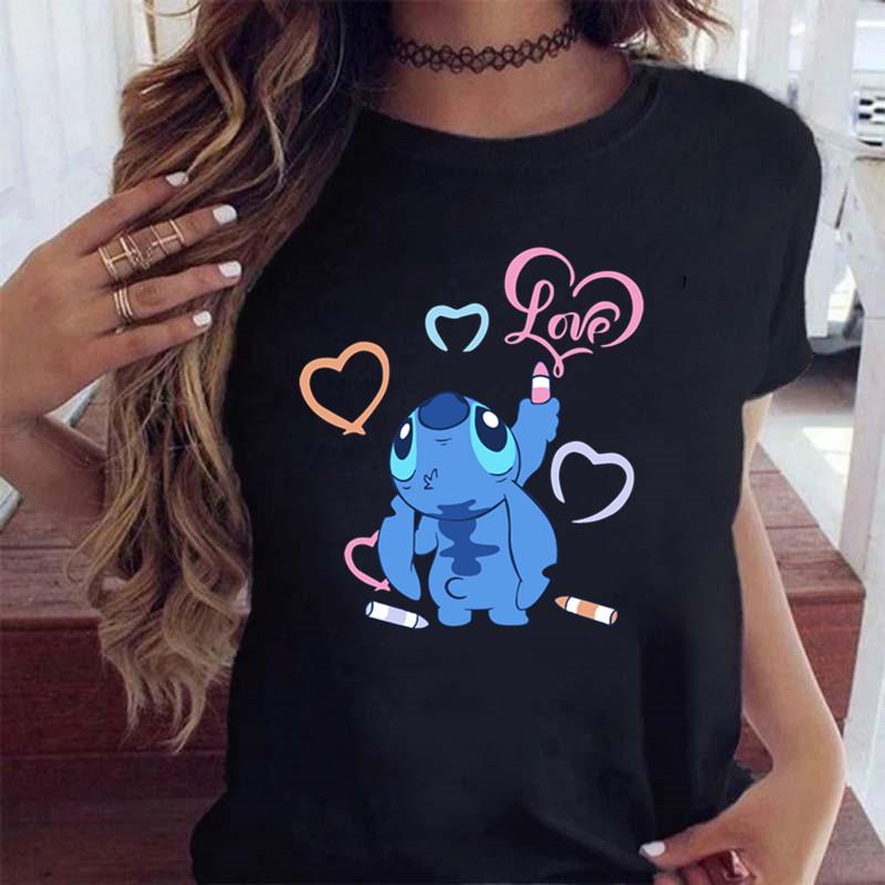 New Fashion FeUnisex Clothing Cartoon Disney Stitch Womens Tshirt Summer Short Sleeve Black Tops