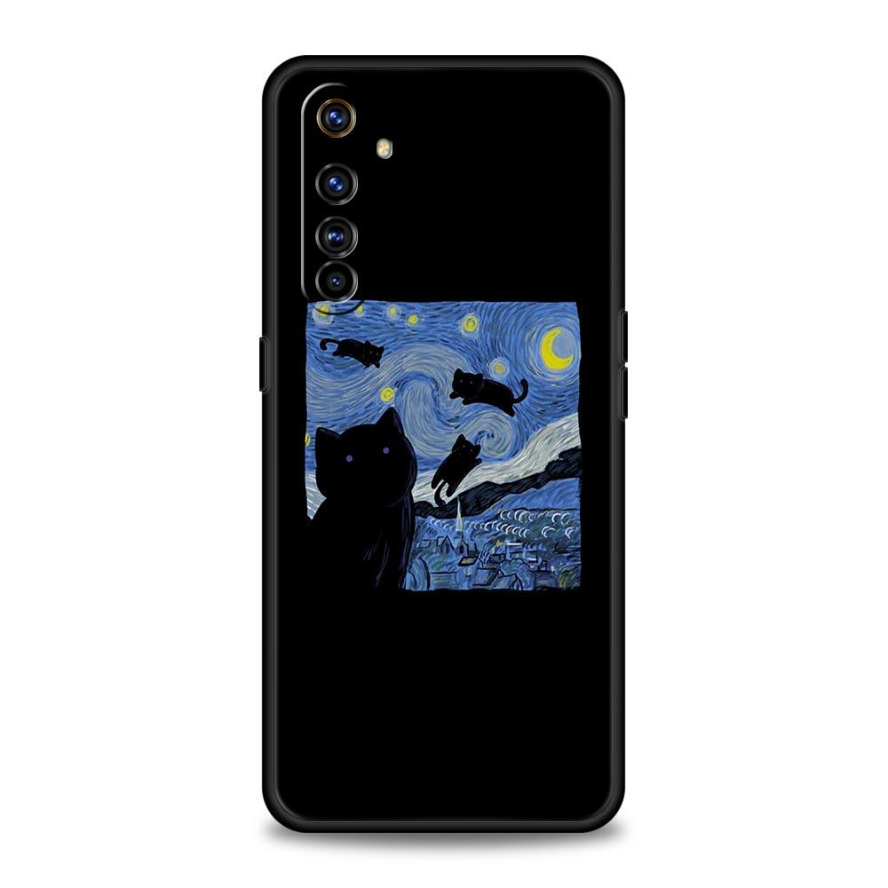Cartoon Cat Phone Case For Realme 12 11 10 6 7 9 Pro Plus 8 5G C35 8i 9i GT2 GT3 GT5 GT Neo 2 3 5 Black Cover Soft Shell