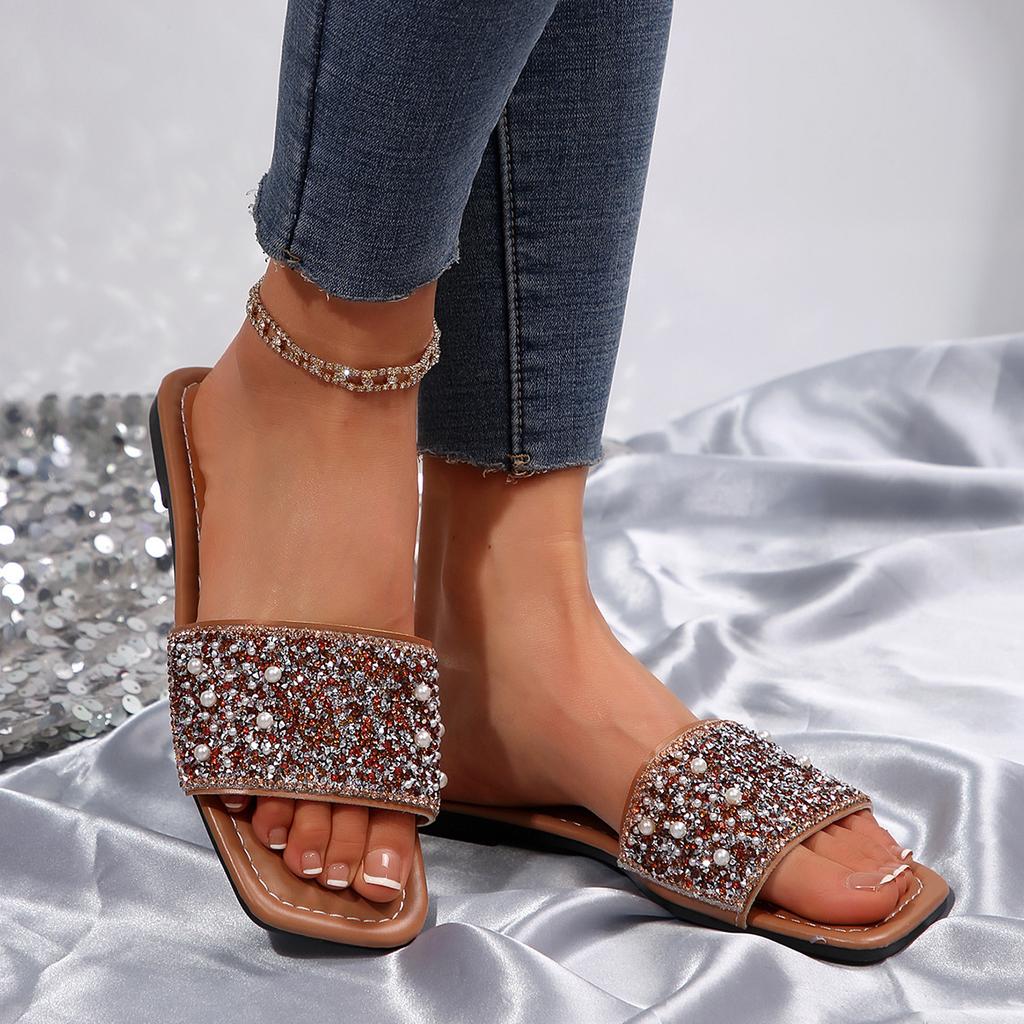 Fashion rhinestone pearl one-word slippers women's casual one-foot square slippers wear versatile flat slippers