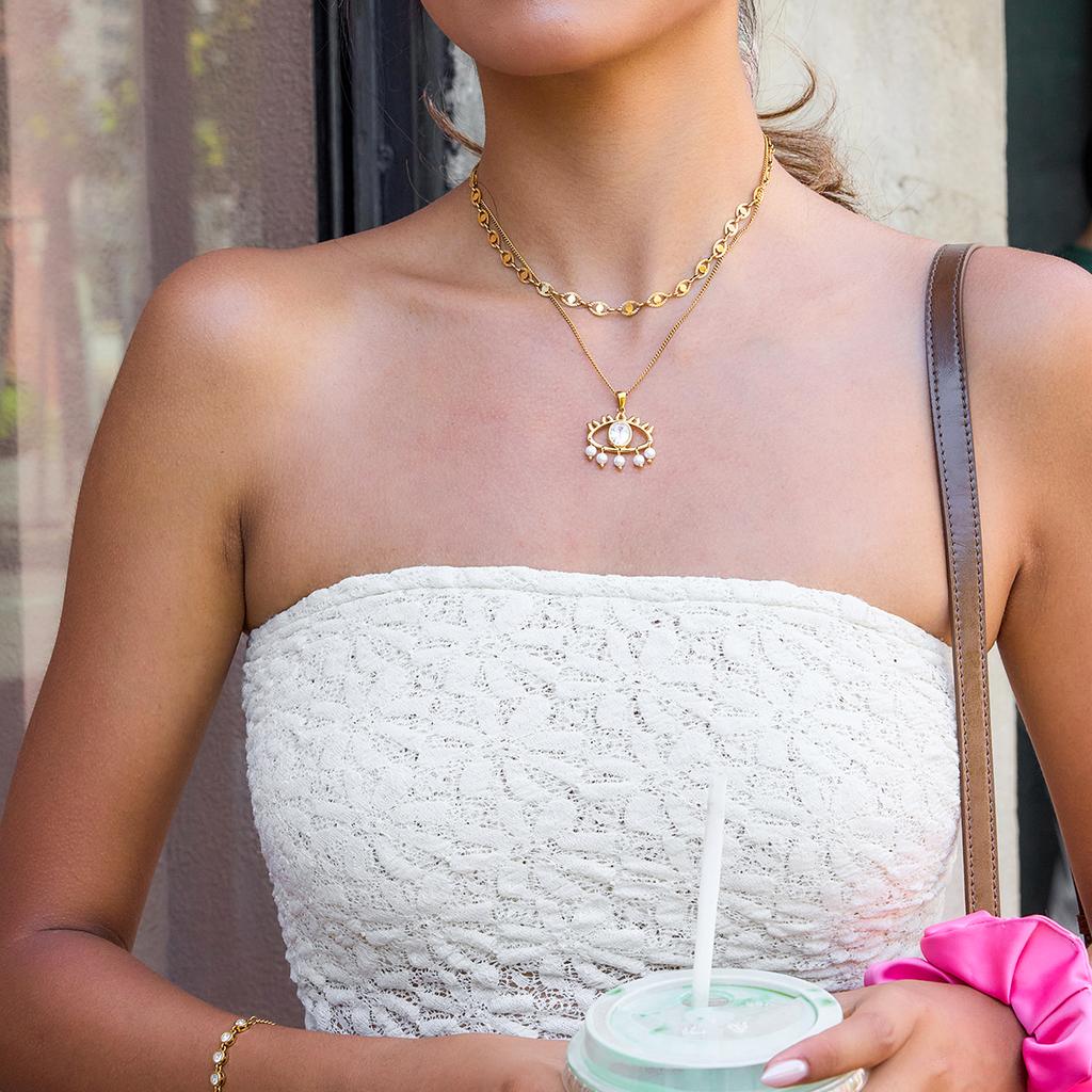 Youthway Zircon Imitation Pearl Evil Eye Pendant Necklace For Women  Gold Plated Stainless Steel Necklace Fashion Jewelry