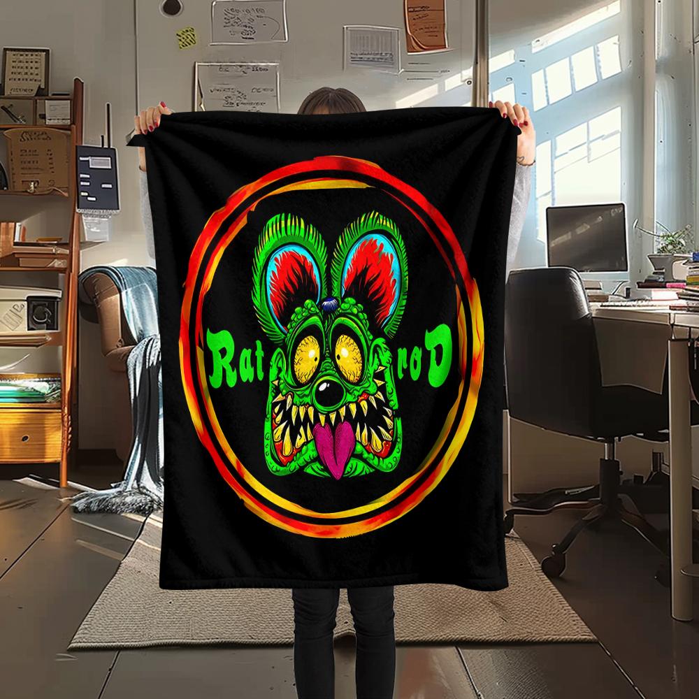 1PC Rat Fink Print Flannel Blanket, High Quality All Seasons, Home Decor, Warmth and Comfort, Perfect for Christmas Gifts