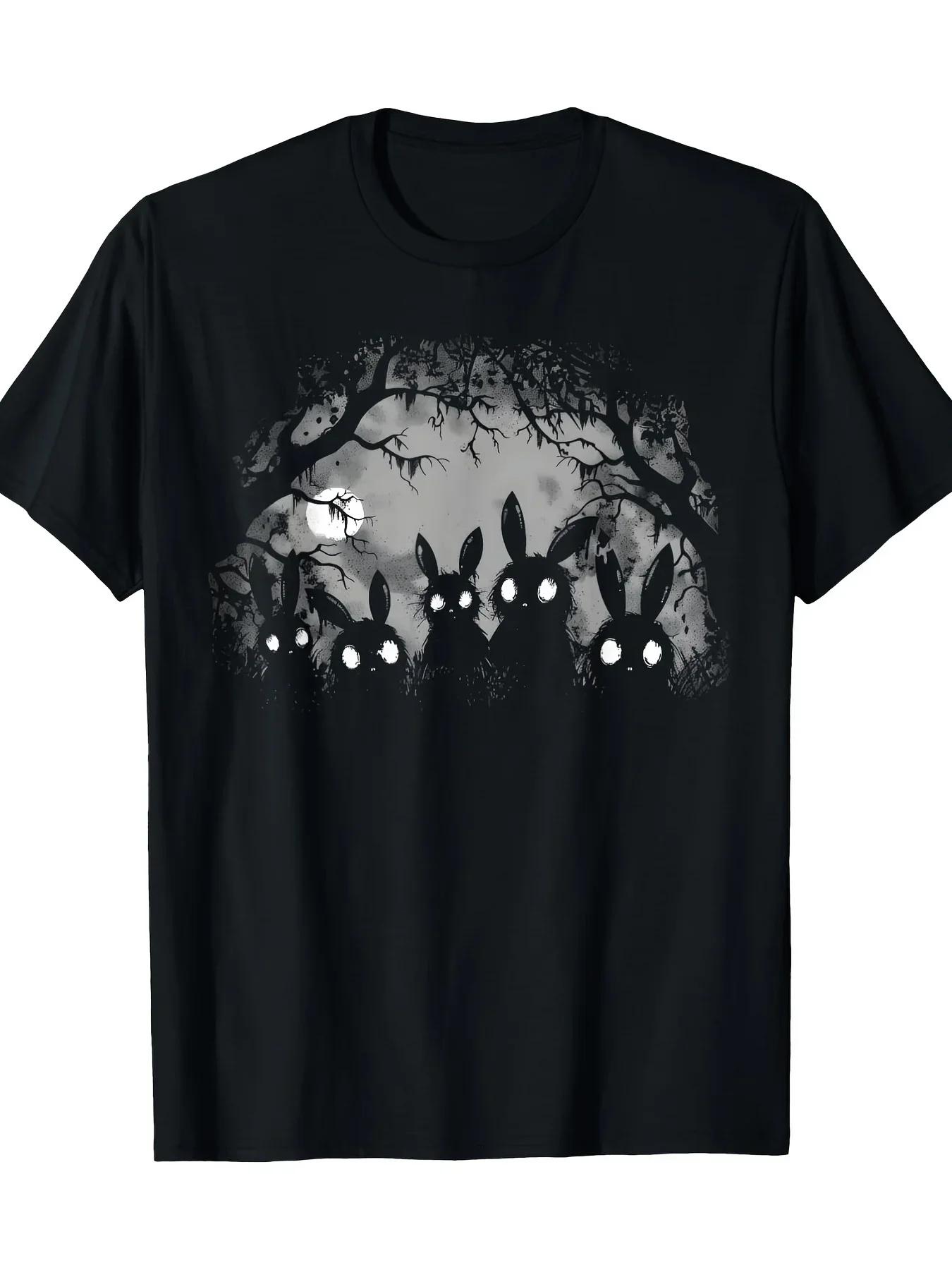

Womens Dark Gothic Style Cute Rabbit Horror Tshirt with Eerie Forest Print Adorned with Full Moon and Bat Motifs Unisex Clothing S