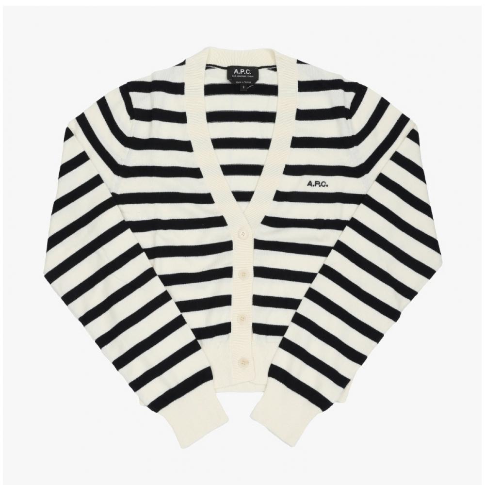 A.p.c Women S Cardigan Gaelle Stripe V Neck Off White Dark naVy F22312