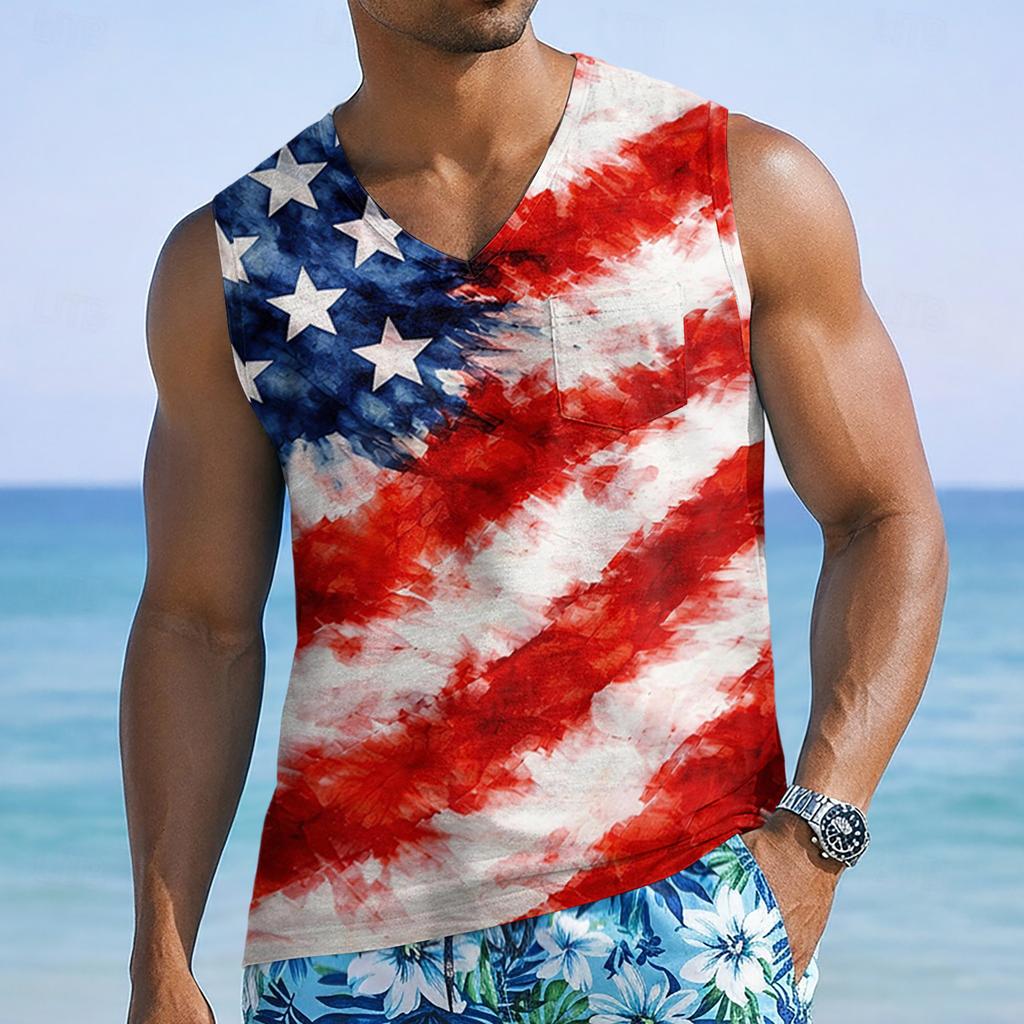 Men’s Sleeveless V Neck Tank Top with Tropical Tree and Flag Print Casual Lightweight Summer Shirt