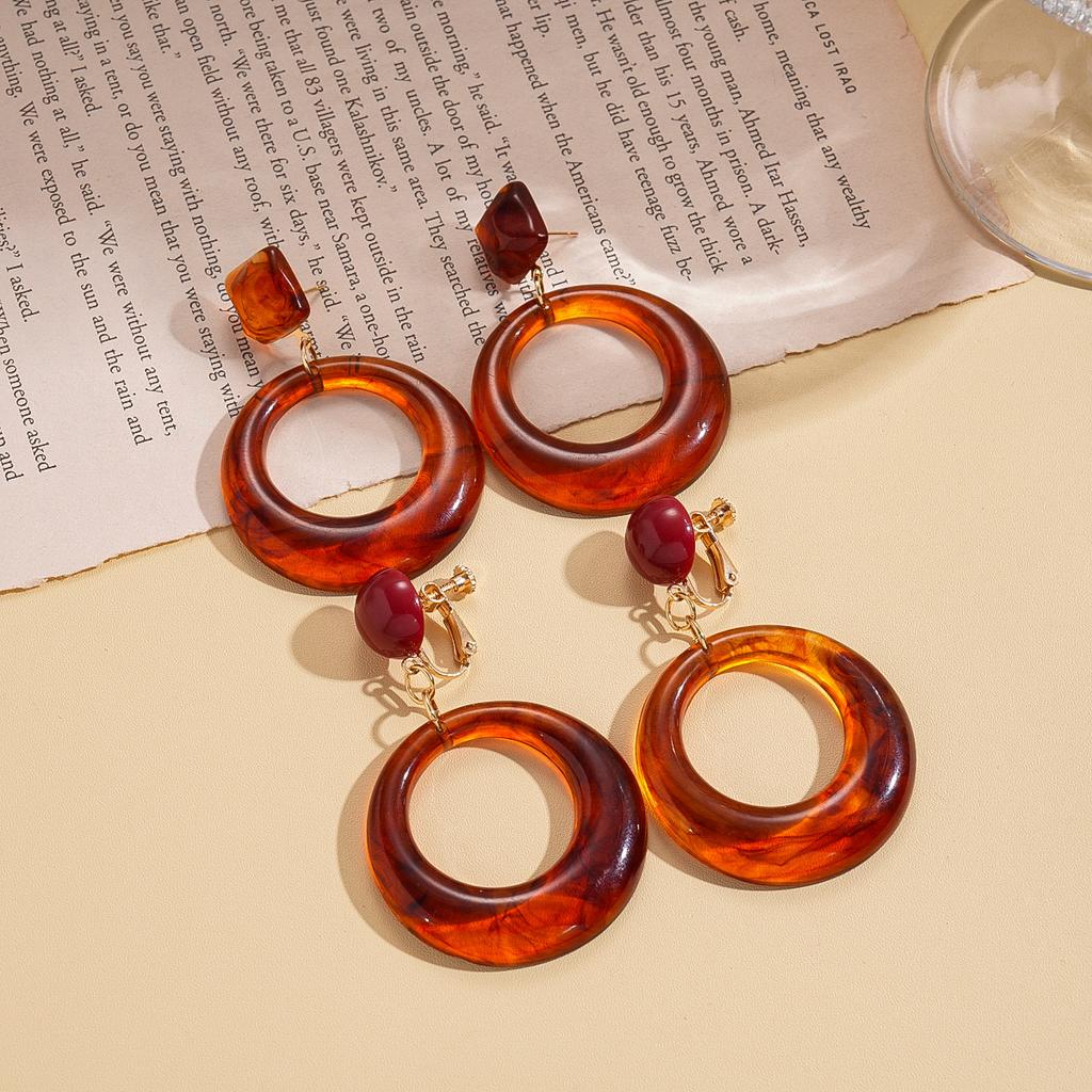 Wind Resin Hollow Geometric Round Silver Needle Earrings Maillard Autumn and Winter Earrings