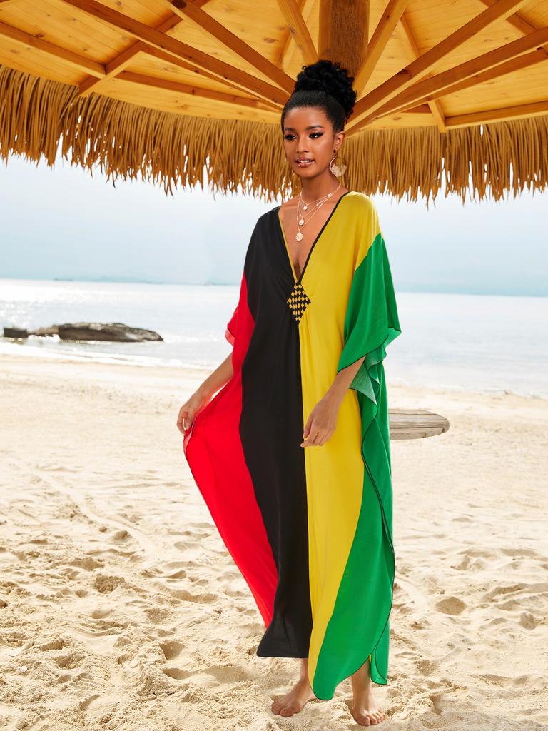 EDOLYNSA Plus Size-Kaftan, mehrfarbig, für den Sommer, langes Strandkleid, Damen-Homewear-Outfit, Badeanzug, Vertuschung, lockerer Kaftan