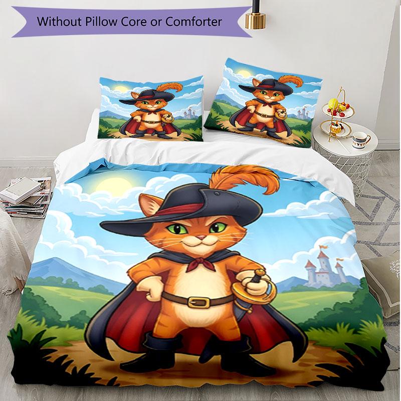 3pcs Duvet Cover Set (1*Duvet Cover + 2*Pillowcase, Without Core), Puss In Boots Print Soft All‑Season Bedding Set, Home Bedroom Decor Gift