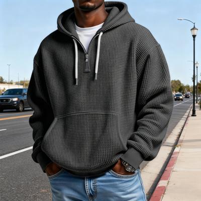 Men Sweatshirt Waffle Fabric Hoodie Solid Color 1/4 Zipper Pullover with Front Pocket Autumn Winter Casual Loose Fit Sport Tops