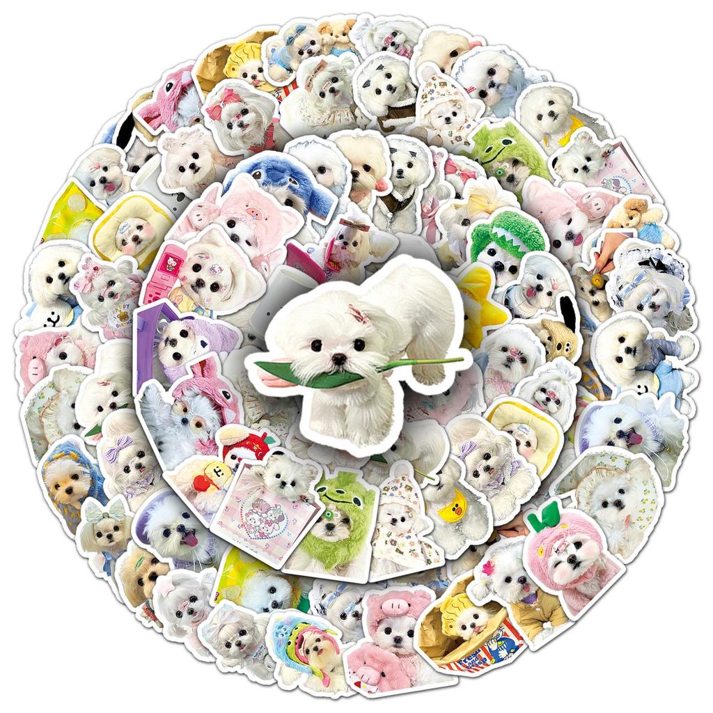 50 Cute Maltese Puppy Stickers: Cartoon Guitar, Journal, Milk Tea Cup Designs