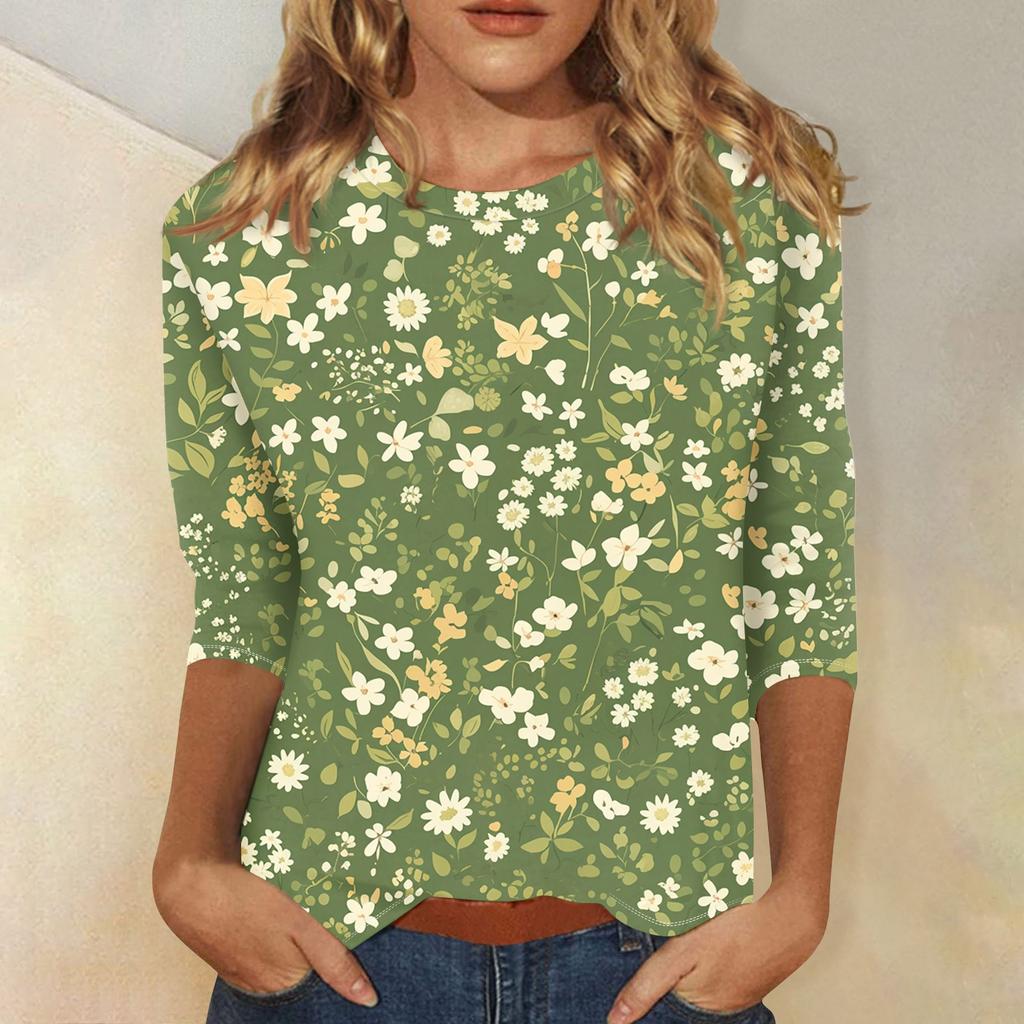 Women's Casual Loose Printed Round Neck Top With Three Quarter Sleeves T Shirt Top