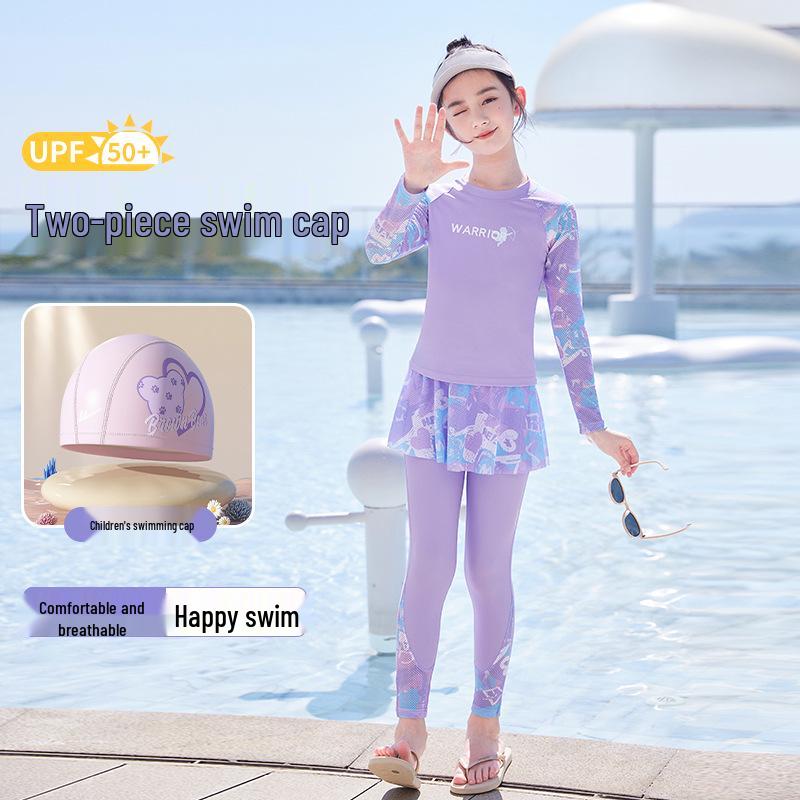 HuiLi 2025 Girls' Long-Sleeve Two-Piece Swimsuit Set for Middle School Students