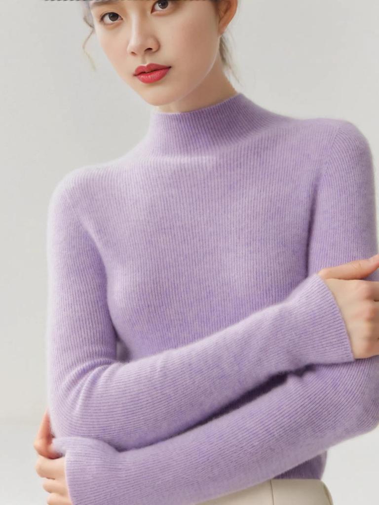 Women's Pure Cashmere Slim-Fit Sweater, Half-High Neck, Knit Base Layer, Autumn/Winter Collection