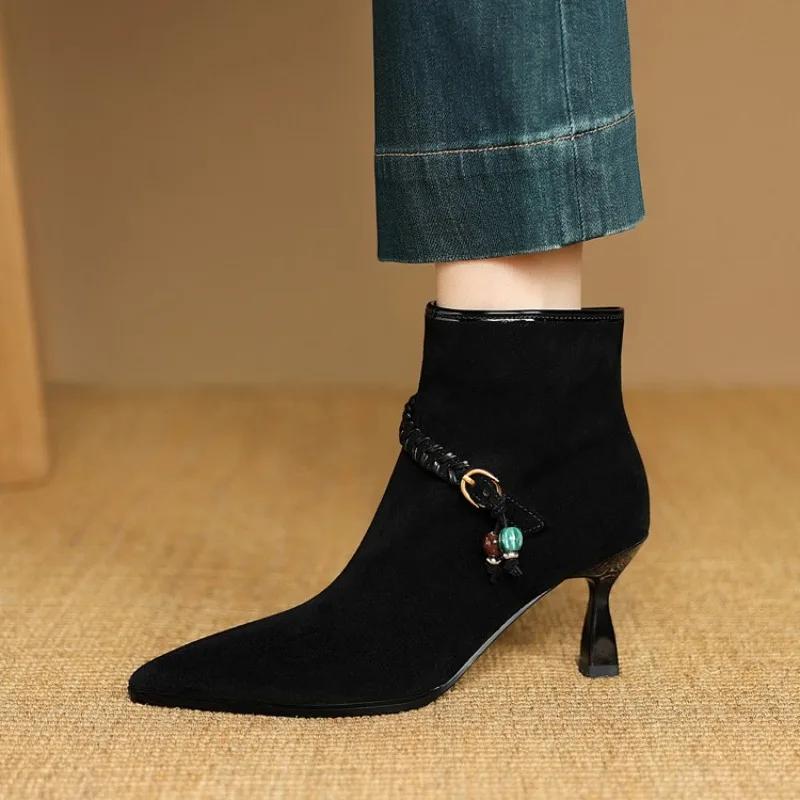 

Темпераментные ботильоны Зимние с острым носком из замши Простые рукава Нескользящие ботинки на шпильке для женщин 39