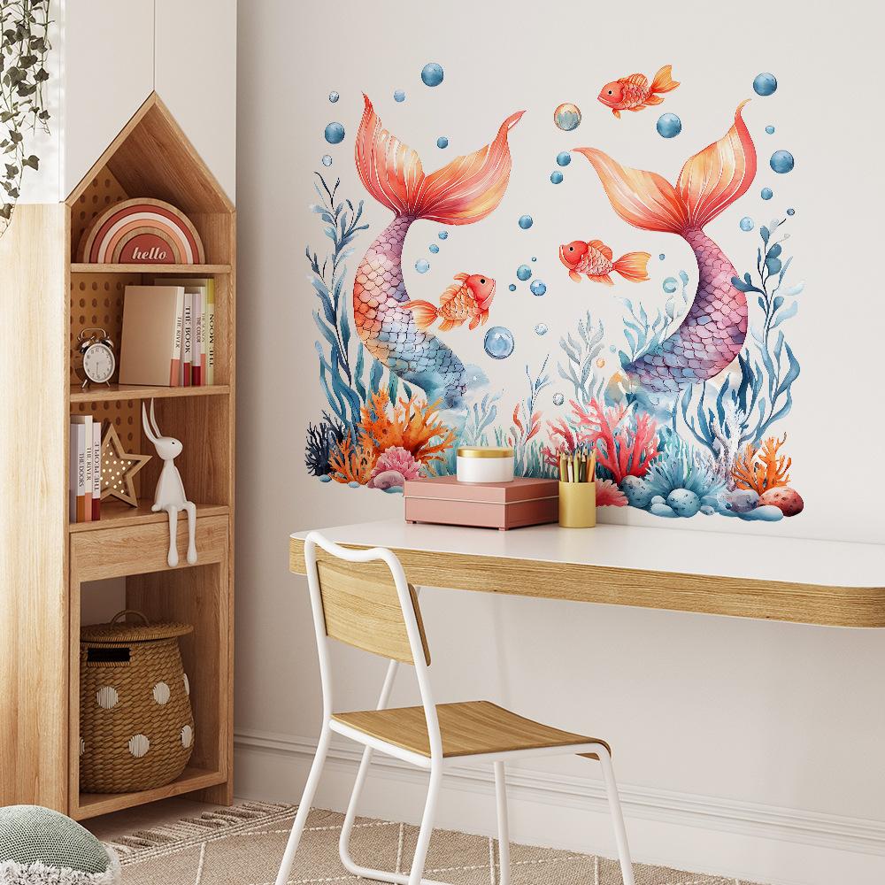 2 Pcs Creative Mermaid Tail Coral Seaweed Bedroom Living Room Background Landscaping Decoration Wall Stickers