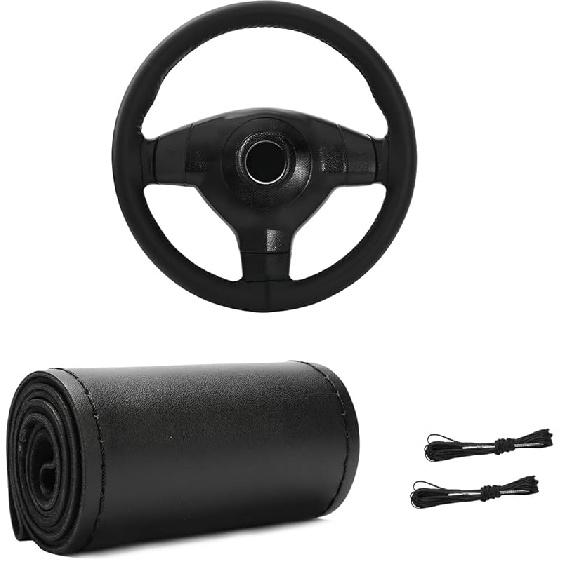 Genuine Leather Steering Wheel Cover, Stitch On Wrap For Steering Wheel Up To Diameter 15 Inches, DIY Sewing Steering Wheel Protector, Car With Pore чёрный