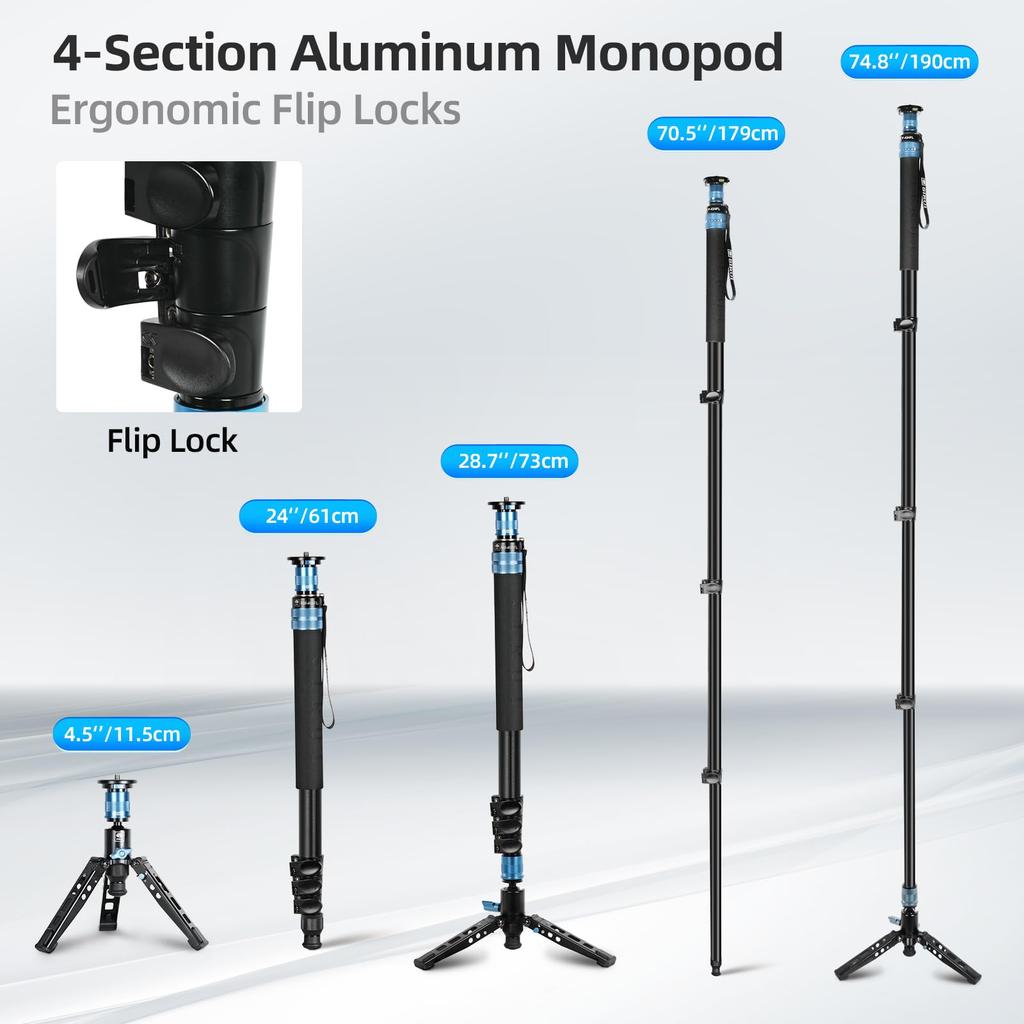 SIRUI Camera Monopod with Feet Aluminum Travel Video Monopod with Detachable Base Slim and Light Weight Max Load 26 Lbs Panoramic Pan 4 Sections for