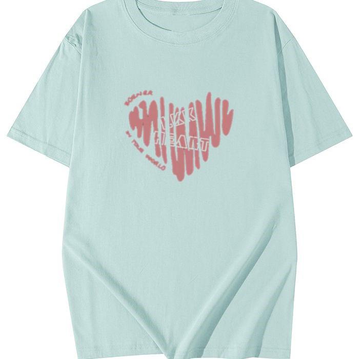 Women Plus Size Cotton T-Shirt Summer Short Sleeve Heart Print Mid-Long Loose Casual Pullover Top For 200lbs