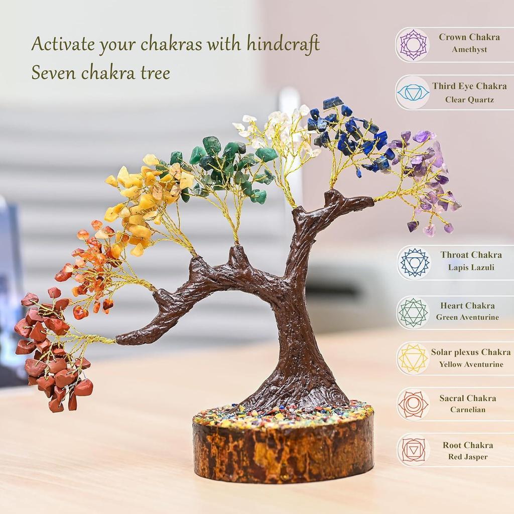 Seven Chakra Crystal Tree – Handmade Feng Shui Bonsai Tree with Natural Gemstones on Wooden Base – Decorative