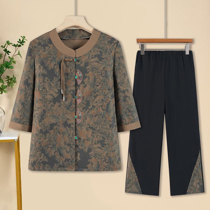 

Шифоновый комплект из двух частей от бабушки: Костюм в китайском стиле с рукавом до середины предплечья для возраста 70-80 лет. XL (90-110 kg)