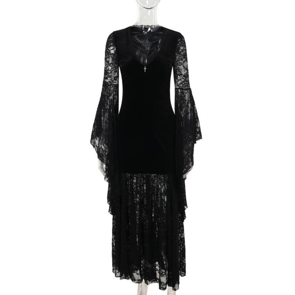 Women's Velvet V-Neck Sleeve Dress with Lace Trim, Dark Gothic for Halloween