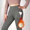 Women Leggings with Pockets Solid Color High Waist Plush Lining Thickened Warm Pants Tight Fit Cold Weather Leggings