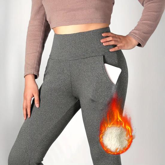 Women Leggings with Pockets Solid Color High Waist Plush Lining Thickened Warm Pants Tight Fit Cold Weather Leggings