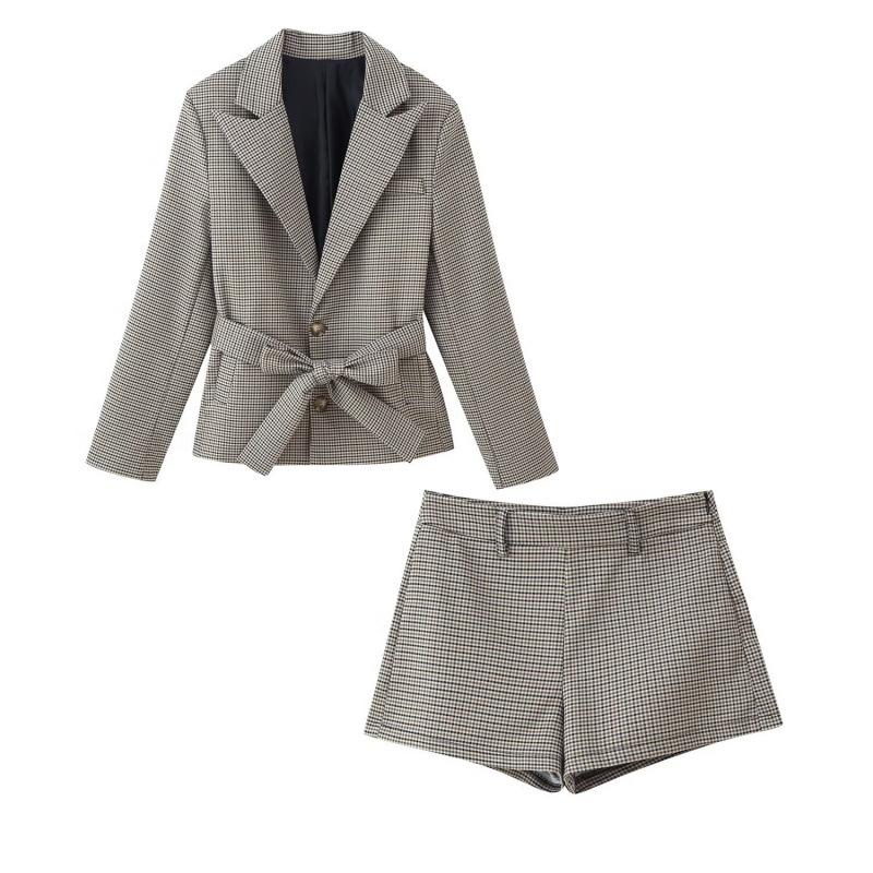 European & American Women's Autumn Casual Plaid Lapel Suit with Shorts
