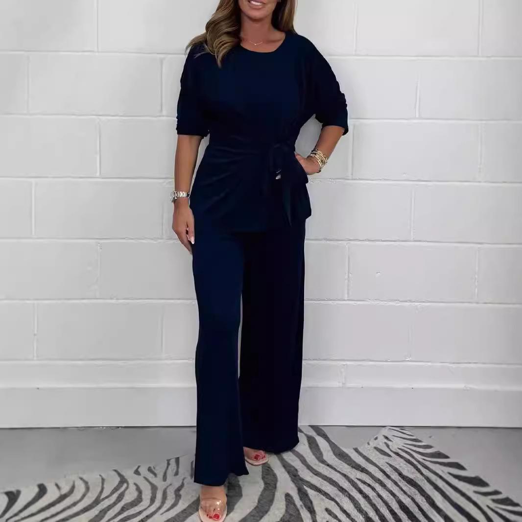 

Женский повседневный комплект цвета хаки с узлом: топ и брюки широкого кроя XXXL темно-синий